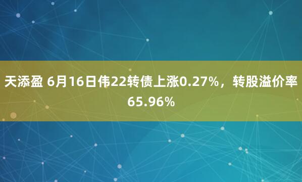 天添盈 6月16日伟22转债上涨0.27%，转股溢价率65.96%